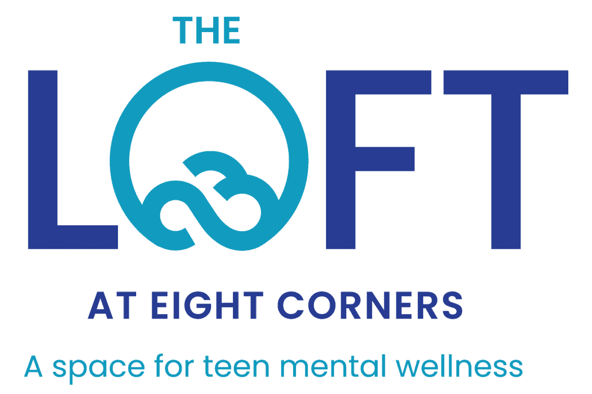 The Loft at Eight Corners Logo. Dark blue lettering with an "O" with clouds in it. At the bottom of the logo the tag line reads "A space for Teen Mental Wellness"